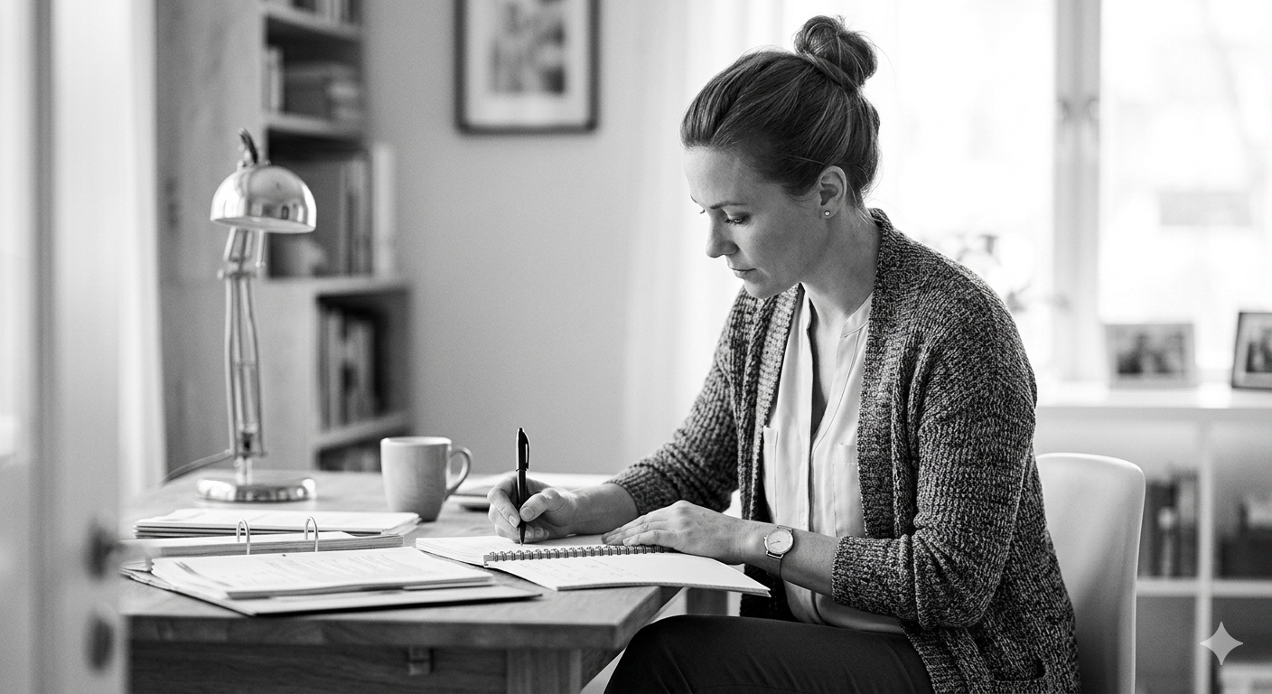 A direct support professional focused on their work in a professional setting