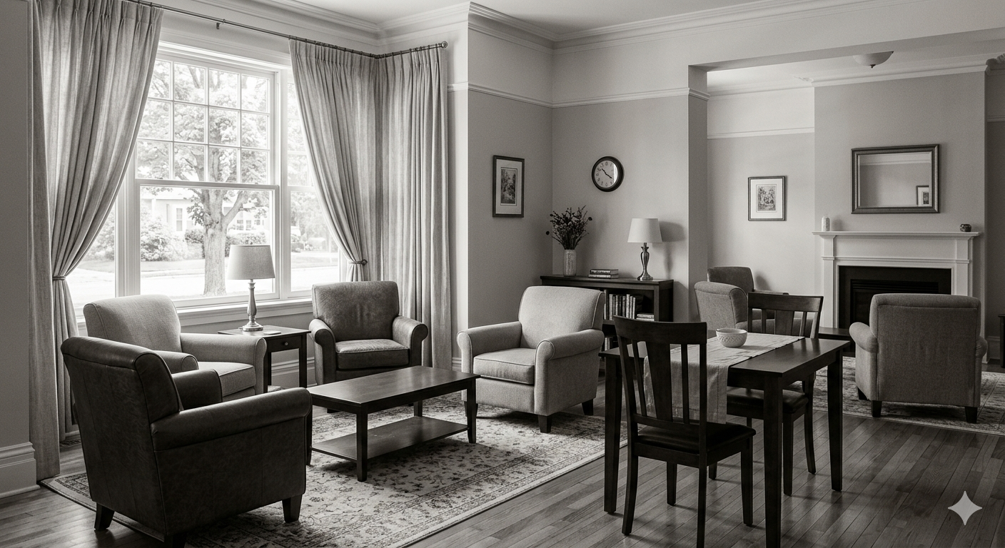 A clean, welcoming residential common area representing a planned group home setting