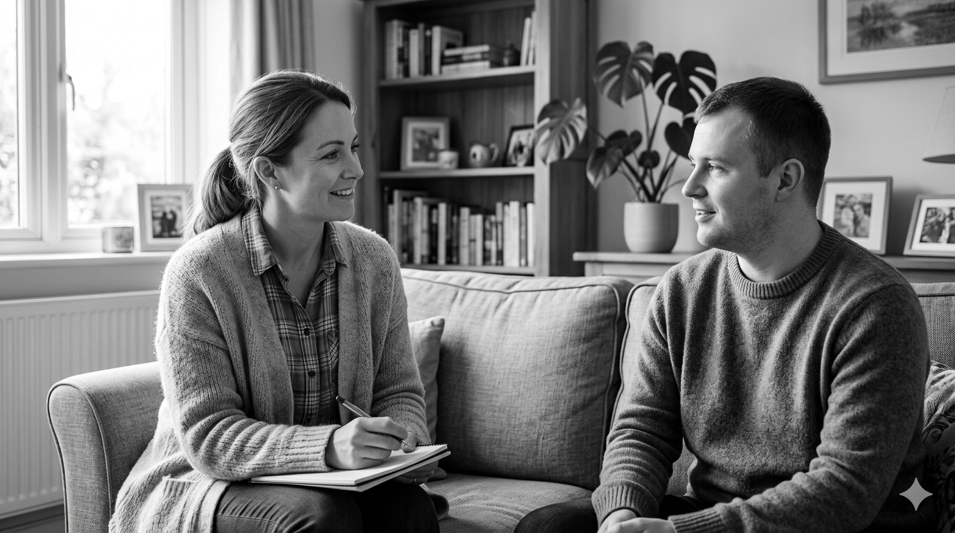 A direct support professional providing attentive care in a home setting