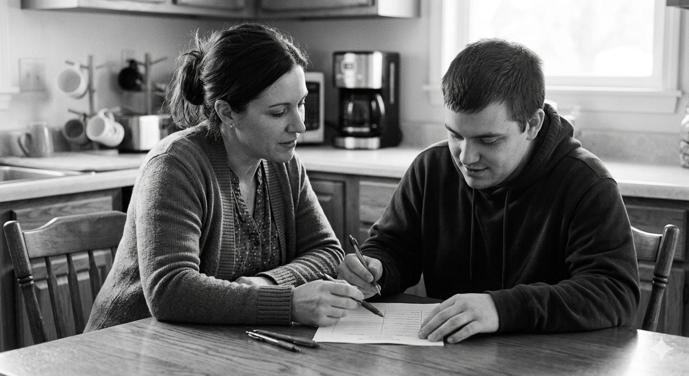 A direct support professional providing in-home assistance in a dignified home setting
